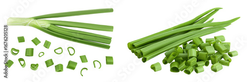 Green onion isolated on the white background. Top view. Flat lay.