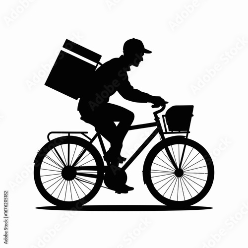 Silhouette of a delivery person riding a bicycle with a large insulated bag