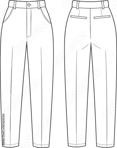 Technical CAD flat vector drawing of formal women’s tailored trousers with waistband, pleats, and pockets, front and back view