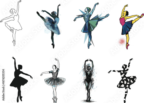 Elegant Ballet Dancer Silhouettes in Various Artistic Poses, Abstract, Geometric, and Fluid Movement Illustrations in Dance