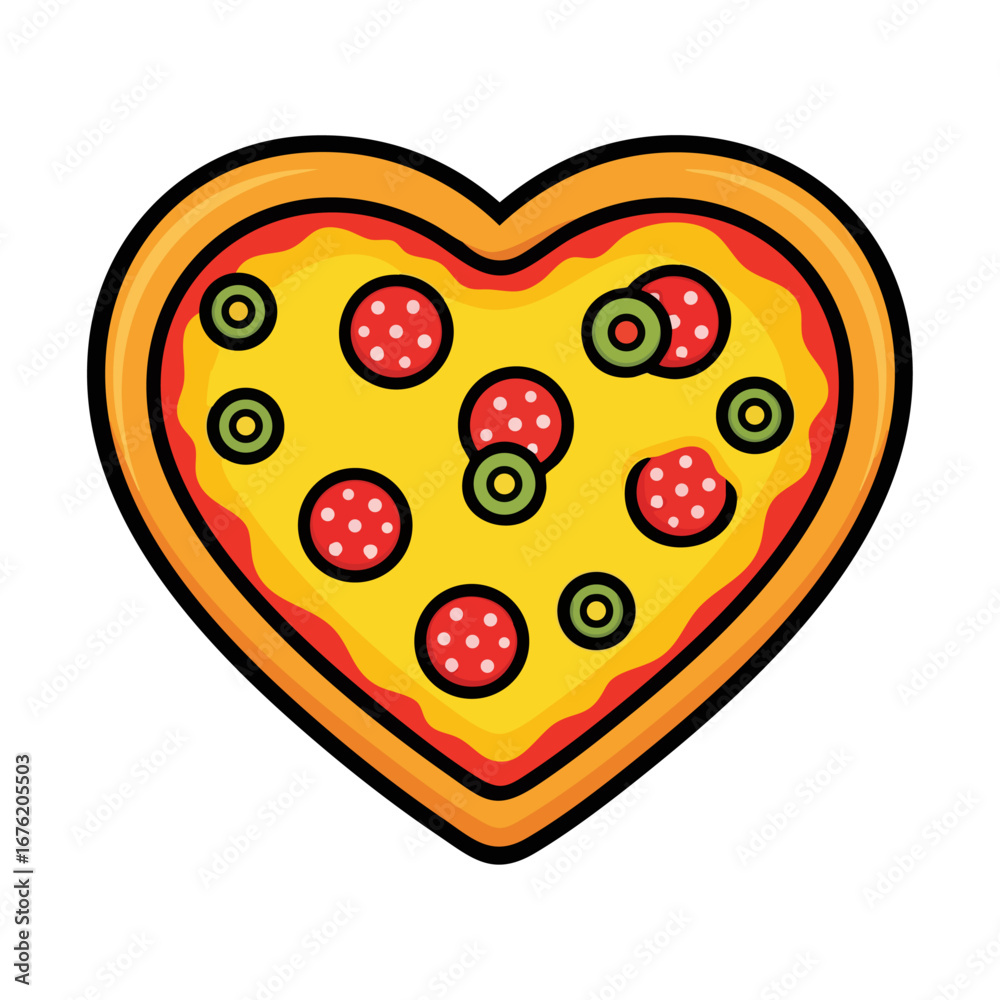 Fototapeta premium Pepperoni pizza in heart shape isolated on white background. Flat vector illustration of Italian cuisine.