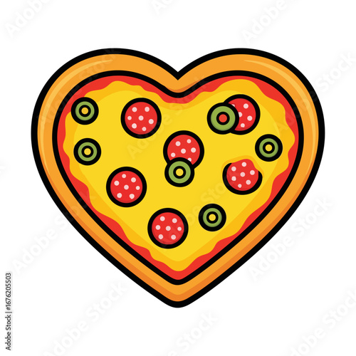 Pepperoni pizza in heart shape isolated on white background. Flat vector illustration of Italian cuisine.