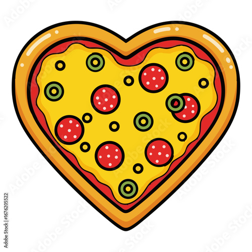 Pepperoni pizza in heart shape isolated on white background. Flat vector illustration of Italian cuisine.
