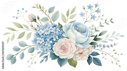 Vibrant watercolor floral bouquet with anemone, roses and lush greenery, hand-painted botanical composition ideal for wedding and springtime artwork