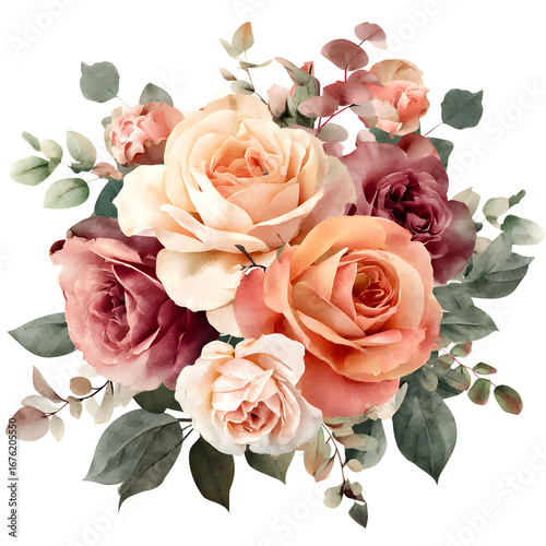 Elegant watercolor rose bouquet with lush leaves on a deep black background