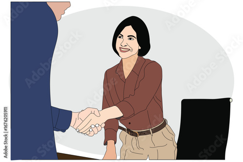 Illustration of a smiling businesswoman shaking hands during a meeting, symbolizing partnership, agreement, and professional collaboration.