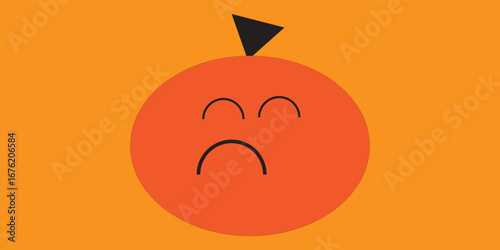 Halloween A simple flat illustration of a sad orange fruit character with a frowning face and closed eyes.