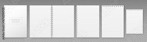 Open and closed white notepad with spiral. Notebook mockup. Vector EPS 10