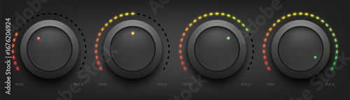 Black round switch button with level meter scale. Volume knob. Dashboard tumbler with colored control scale. Realistic tuner with indicator. Vector illustration