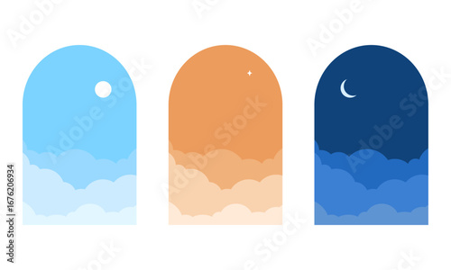 時間帯のシンボルのアイコンセット/昼・夕方・夜/シンプルでフラットな窓と空のイラスト
