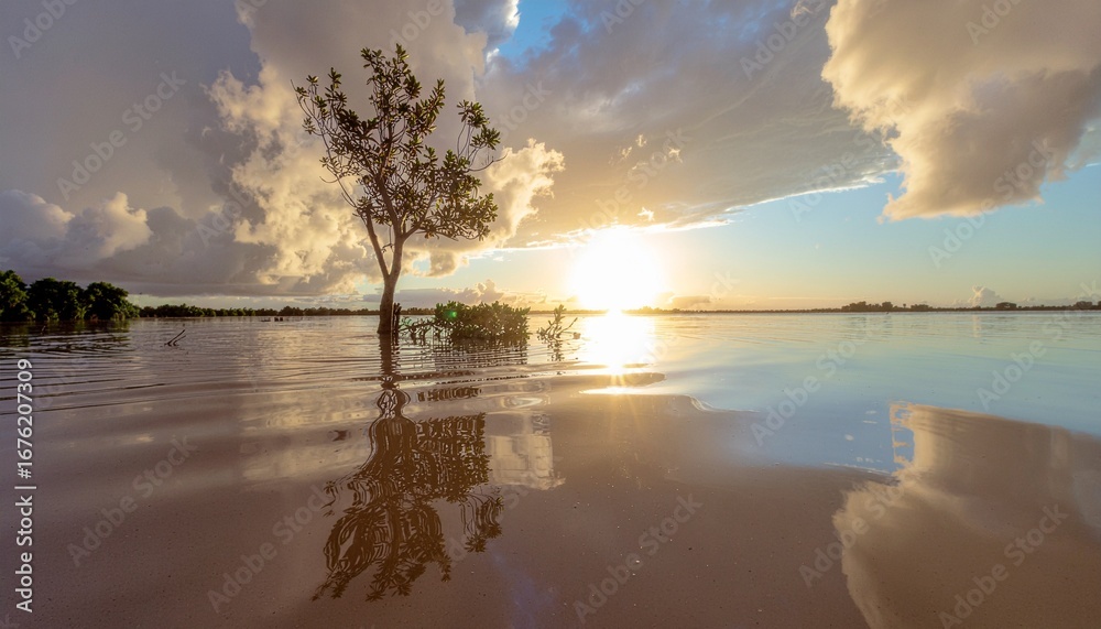 Obraz premium Tree Reflected in Floodwater at Sunset