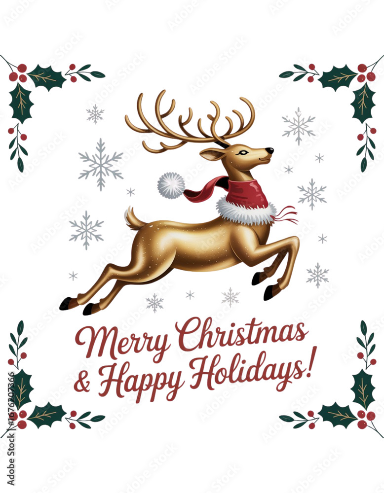 Fototapeta premium Golden reindeer jumping with snowflakes and text Christmas