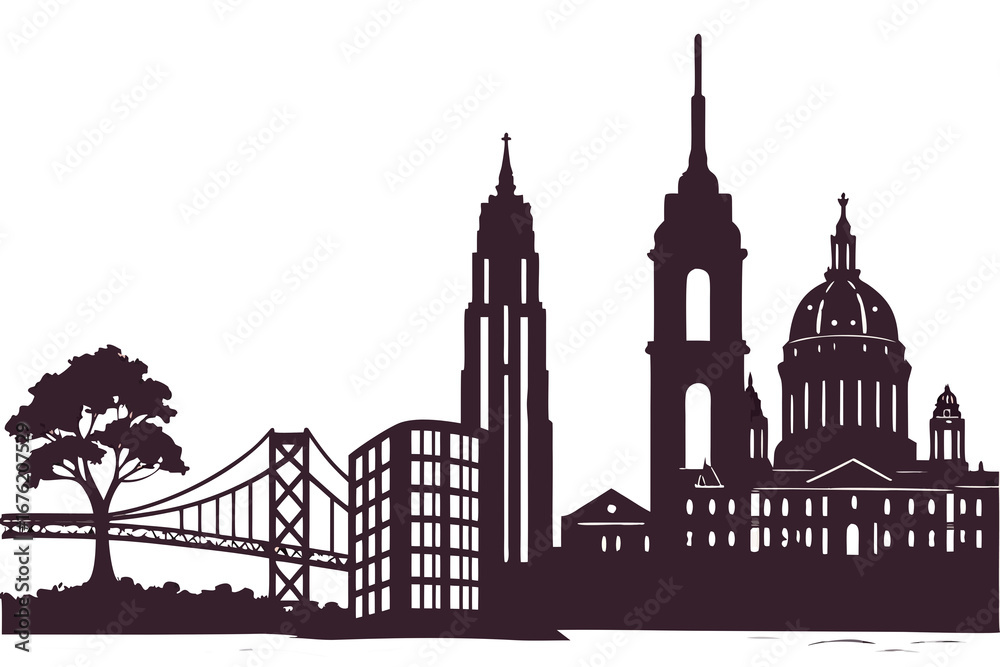 Fototapeta premium City skyline silhouette with bridge and buildings isolated on transparent background