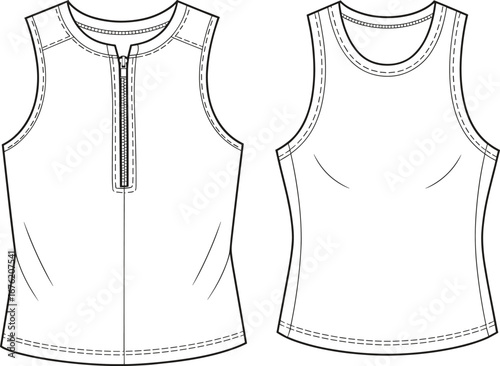 Technical flat sketch of sleeveless top with zipper front, back view, fashion design CAD template for apparel illustration use.