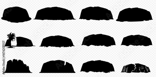 Twelve variations of rock silhouettes, showing different shapes and textures, including one with a small tree.