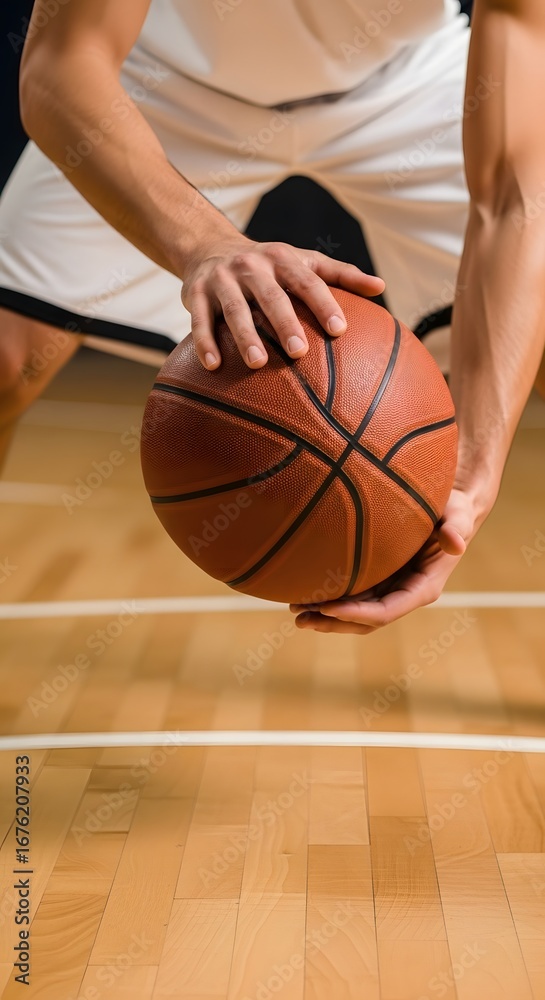 Naklejka premium Dynamic basketball scene with player dribbling orange ball on indoor court, detailed action shot for stock sports photography