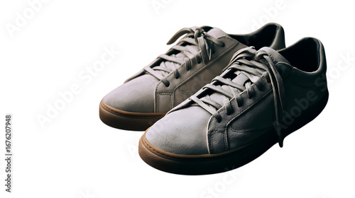 Illustration of a pair of stylish white canvas sneakers with laces isolated on transparent background, showcasing a trendy and casual footwear option for sports, fashion, or everyday wear