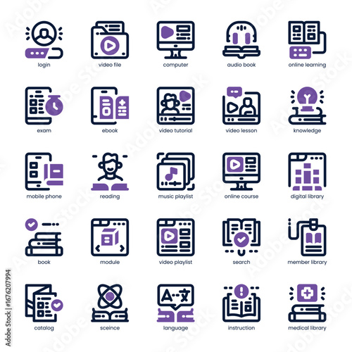 Digital Library Icon pack for your website, mobile, presentation, and logo design. Digital Library Icon dual tone design. Vector graphics illustration and editable stroke.