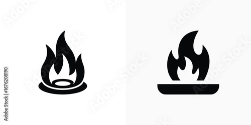 Set of Two Black Fire Flames Isolated on White Background,