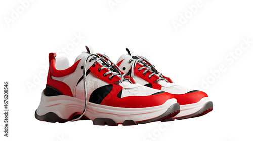 Illustration of red and white sneakers isolated on transparent background, a bold and stylish footwear option for sports, running, or casual wear, showcasing modern design and elegant textile