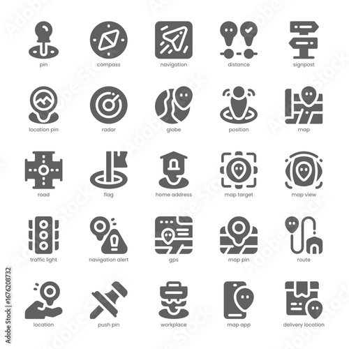 Map and Location Icon pack for your website, mobile, presentation, and logo design. Map and Location Icon solid design. Vector graphics illustration and editable stroke.