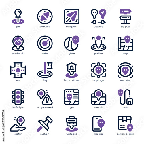 Map and Location Icon pack for your website, mobile, presentation, and logo design. Map and Location Icon dual tone design. Vector graphics illustration and editable stroke.