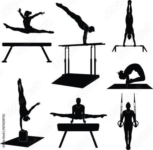 Silhouettes of Gymnasts Performing on Bars, Beam, Rings, Mat, and Pommel Horse – Artistic Gymnastics Vector Illustration Set