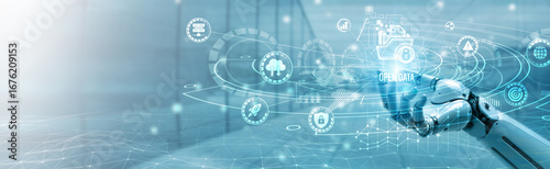 фотографія Hand of robotic holding open data on global networking, data accessibility, transparency initiatives, API integration, information sharing, collaborative platforms, digital transformation strategies