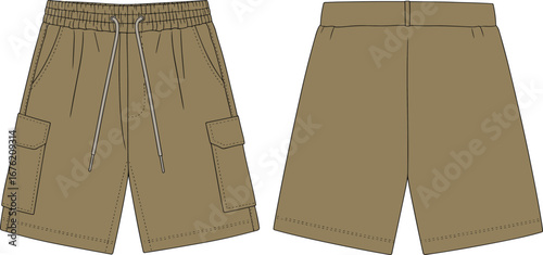 Technical flat vector cad drawing of brown elastic waist cargo shorts with drawstring, dual flap pockets, casual wear design illustration