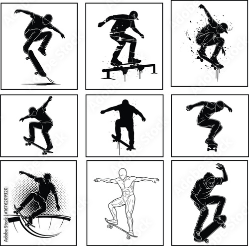 Skateboarder Silhouette Illustrations Showing Various Tricks, Stunts, and Skateboarding Poses with Graffiti and Action Effects