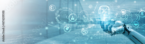 Hand of robotic holding technical support on global networking, troubleshooting solutions, system maintenance, IT assistance, service desk operations, digital performance optimization.