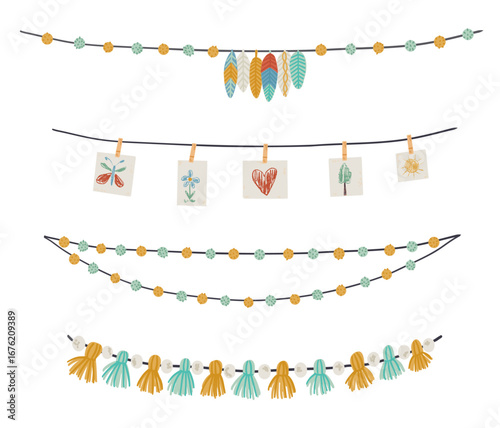 Set of pompom and tassel kids garland for decor in flat style