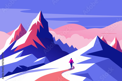 Solo hiker ascends snowy mountain path under pink and blue sky