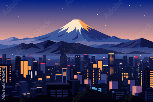 Stylized mount fuji over a vibrant cityscape at dusk