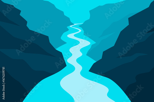 Serene blue river flows through jagged mountainous gorge