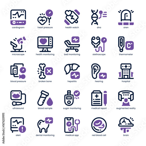 Health Monitoring Icon pack for your website, mobile, presentation, and logo design. Health Monitoring Icon dual tone design. Vector graphics illustration and editable stroke.