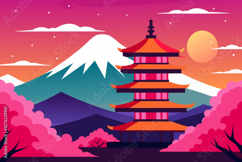 Vibrant japanese pagoda and mount fuji at sunset