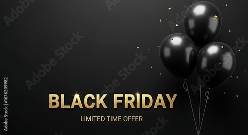 Black friday sale with balloons and confetti on a dark background, limited time offer