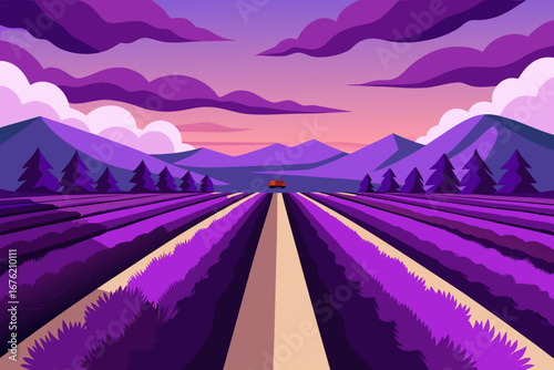 Vibrant lavender field under a purple sunset with distant mountains