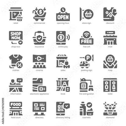 Mall Directory Icon pack for your website, mobile, presentation, and logo design. Mall Directory Icon solid design. Vector graphics illustration and editable stroke.