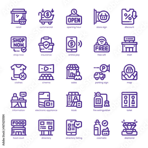 Mall Directory Icon pack for your website, mobile, presentation, and logo design. Mall Directory Icon line basic color design. Vector graphics illustration and editable stroke.