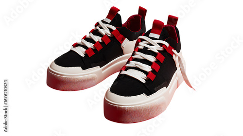 Illustration of a stylish pair of black and red platform sneakers isolated on transparent background, showcasing a modern urban design with bold accents and a trendy streetwear aesthetic