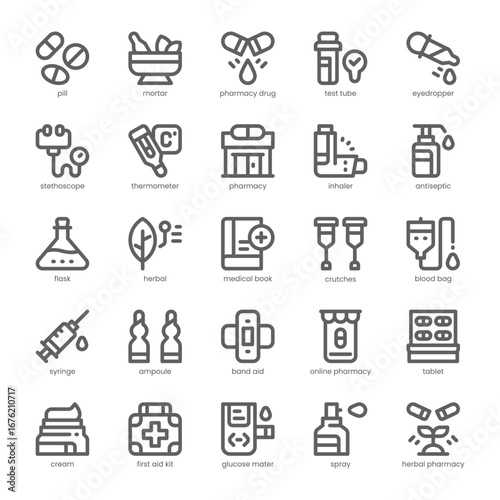 Pharmacy Services Icon pack for your website, mobile, presentation, and logo design. Pharmacy Services Icon outline design. Vector graphics illustration and editable stroke.