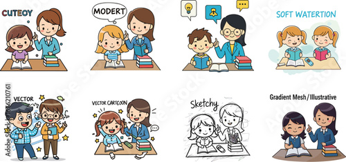 Vector illustration set of cute children studying with teachers, cartoon style, sketch, gradient, modern, educational classroom learning concept design.