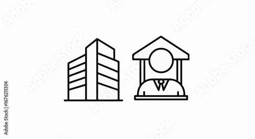 Financial building and bank teller outline icons convey trust and stability, ideal for banking, finance, and investment designs with a modern, clean aesthetic