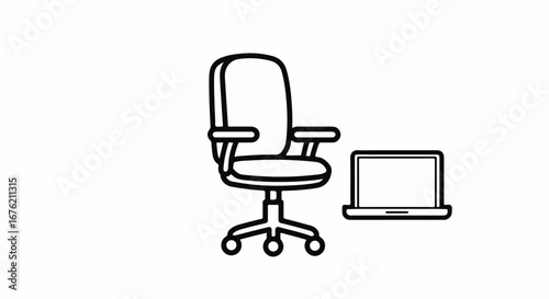Modern office chair and laptop, perfect for remote work and ergonomic design, ideal for business presentations and workspace layouts, sleek minimal style