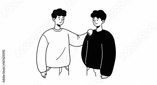Heartwarming friendship illustration featuring two young men supporting each other, promoting unity and brotherhood, originally a scalable vector graphic