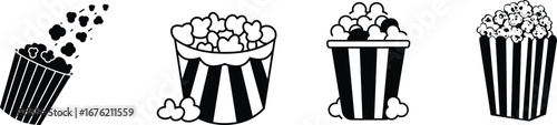 Popcorn icon set.bucket box cinema concept. vector icon can be used for watching movie take away food snack. popcorn symbol template for graphic and web design collection logo vector illustration.