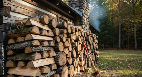 Rustic Wooden Firewood Stack Beside a Log Cabin