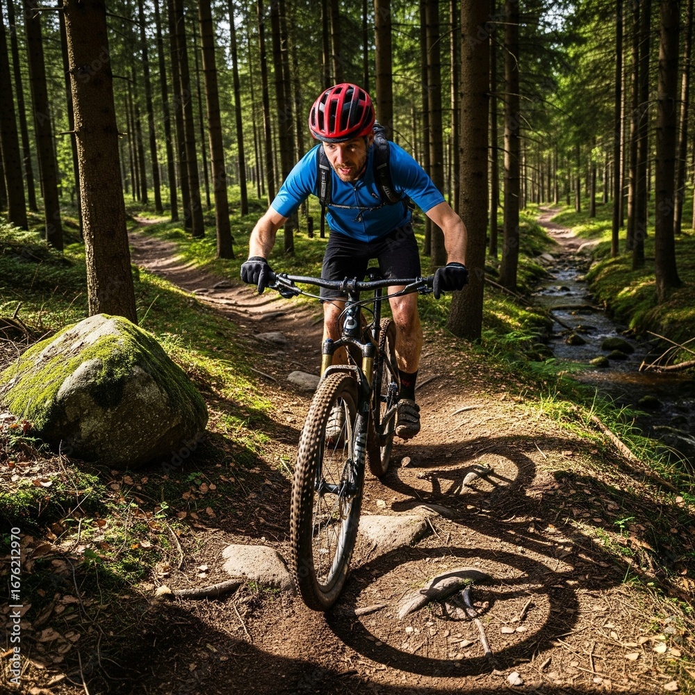 Fototapeta premium man riding mountain bike on trail